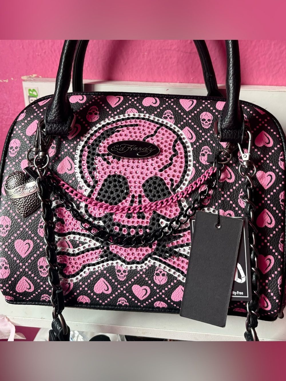 Ed Hardy Pink Skull Studded Satchel Bag